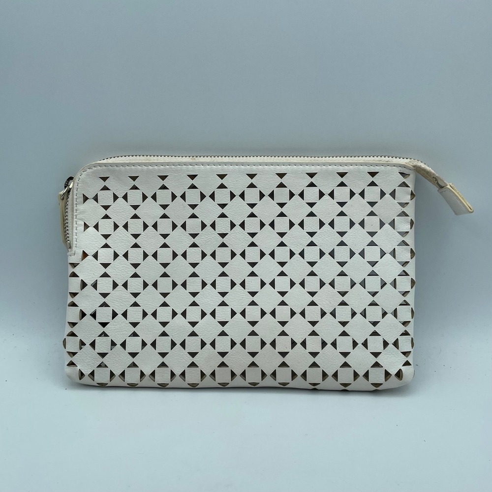 Ann Taylor White Laser Cut Geometric Zip Top Clutch Bag